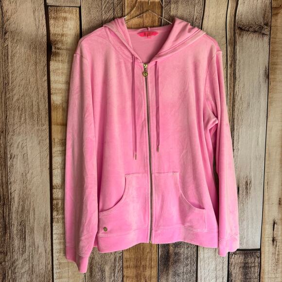 Lilly Pulitzer Larina Velour Zip Up Hoodie Pink XXL Beach Resort Vacation Cozy - Picture 1 of 9